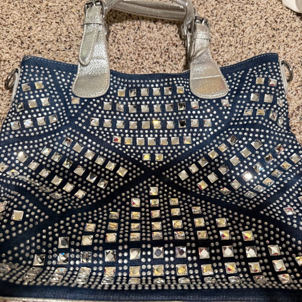 Rhinestone-studded denim shoulder bag